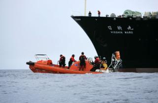 Nisshin Maru und Schlauchboot der Oceanic Viking