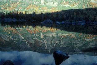 herbstliche Landschaft, die sich im Wasser spiegelt