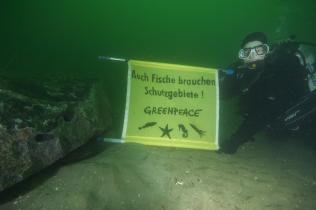 Ein Greenpeace-Taucher neben einem der versenkten Steine im Sylter Außenriff, August 2008.