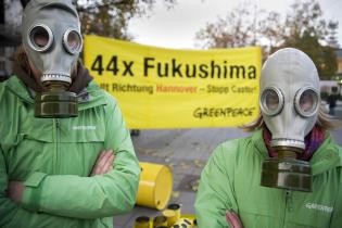 Ehrenamtliche der Gruppe Hannover protestieren mit Gasmasken und Banner, November 2011