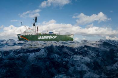 Das Greenpeace-Schiff Arctic Sunrise vor den Galápagos-Inseln, Ecuador.