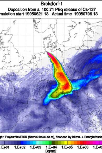 Ausbreitung der radioaktiven Wolke im Falle eines schweren Atomunfalls im AKW Brokdorf bei bestimmten Wetterverhältnissen