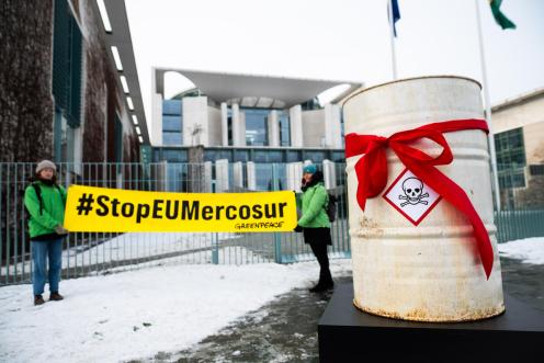 Greenpeace-Aktive protestieren vor dem Bundeskanzleramt in Berlin während des Besuchs von Brasiliens Präsident Lula da Silva (Berlin, 2023).