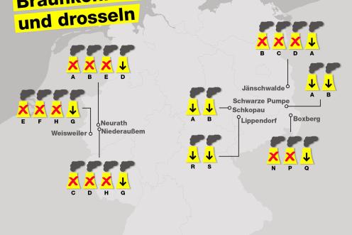 Karte mit abzuschaltenden bzw. zu drosselnden Kohlekraftwerken