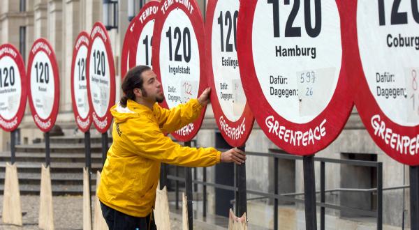 Tempolimit-Aktion in Berlin: Greenpeace Aktivist:innen stellen Verkehrsschilder vor dem Verkehrsministerium auf.