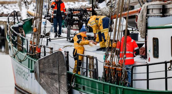 Aktivist:innen auf der Beluga II im Hafen von Nexø, Bornholm