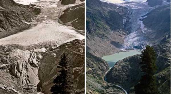 Gletschervergleich: Der Triftgletscher im Berner Oberland, links eine Aufnahme aus dem Jahr 1948, rechts aus dem Jahr 2006