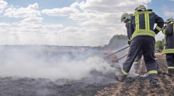 Feuerwehrleute löschen einen Feldbrand bei Thallwitz, Sachsen, der durch die Hitze und Trockenheit in Deutschland entfacht wurde.