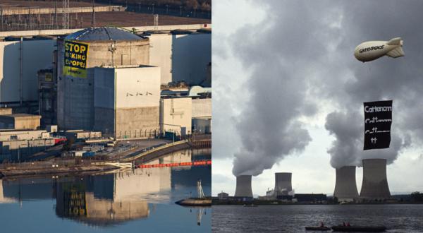 Zwei Bilder von Protesten an dem AKW Fessenheim und Cattenom