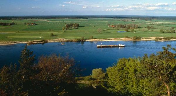 Ein Schiff fährt auf der Elbe