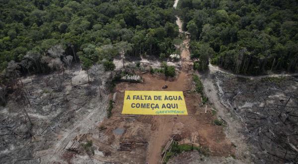 Das ausgebreitete Greenpeace-Banner aus der Luft fotografiert: Hier beginnt der Wassermangel.