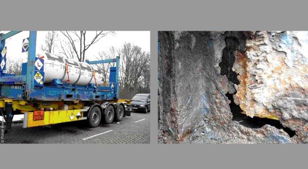 UF6-Transport bei Bremen. Durchgerostete Teile am Container, der den UF6-Behälter enthielt.